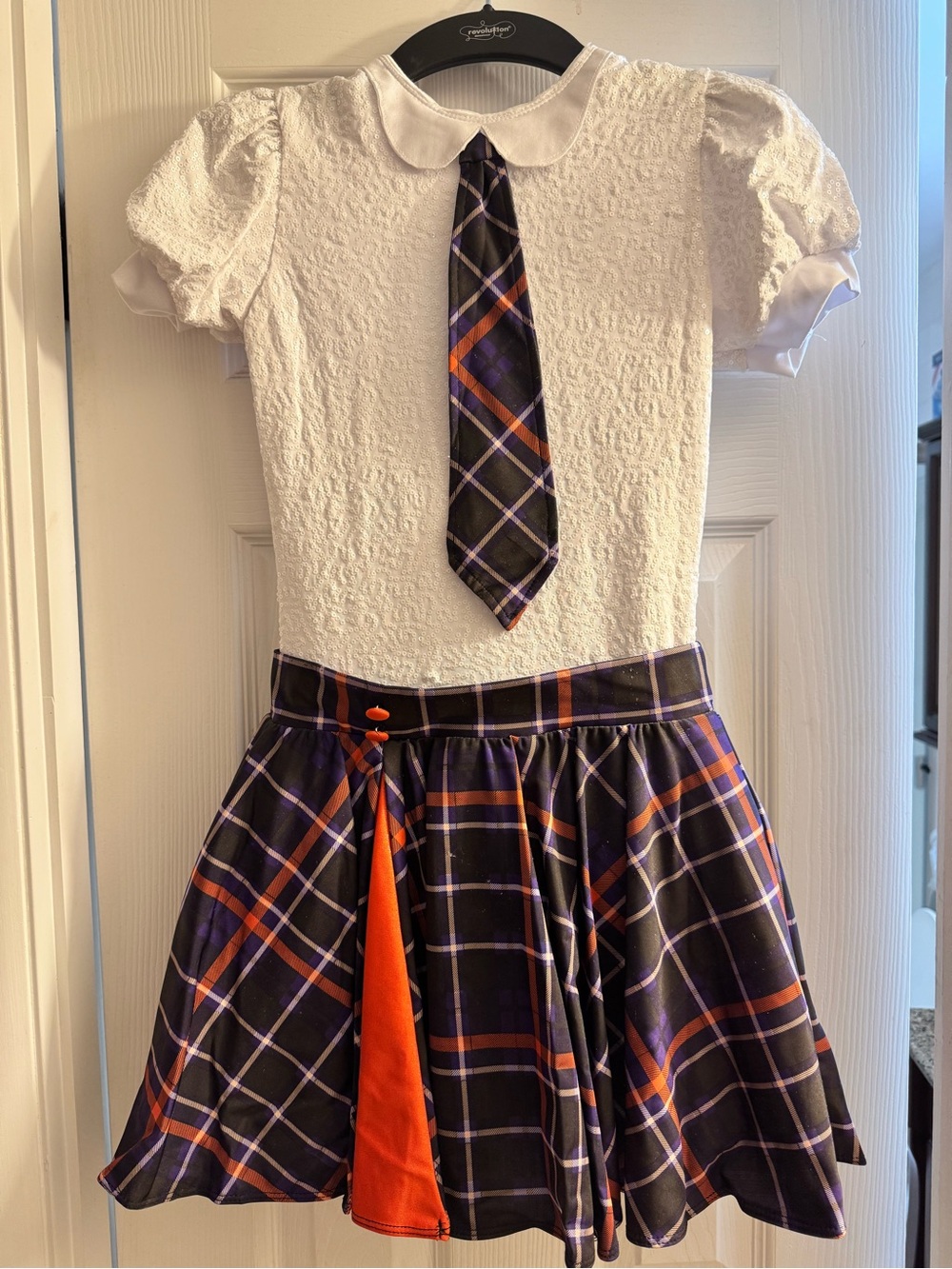 Revolution White Top with Purple & Orange Plaid Skirt Costume